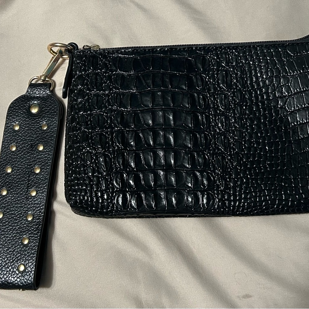 Cato Black Croc-Embossed Clutch with Studded Wristlet